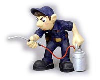 A Cartoon Pest Control Worker Holding a Spray Wand and Canister, Representing Extermination Services